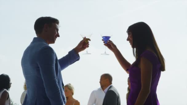 Couple raise their glasses to toast — Stock Video