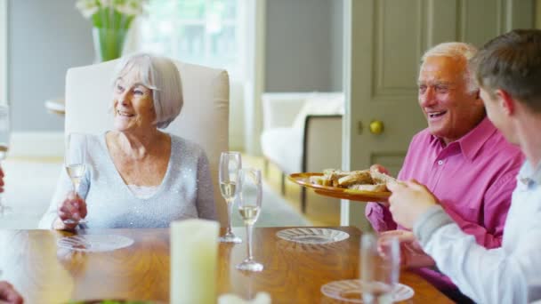 Compartiendo comida y bebiendo vino — Vídeos de Stock