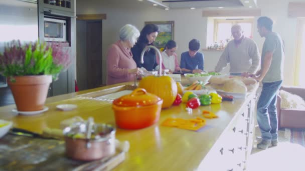 Familie bereitet gemeinsames Essen zu — Stockvideo