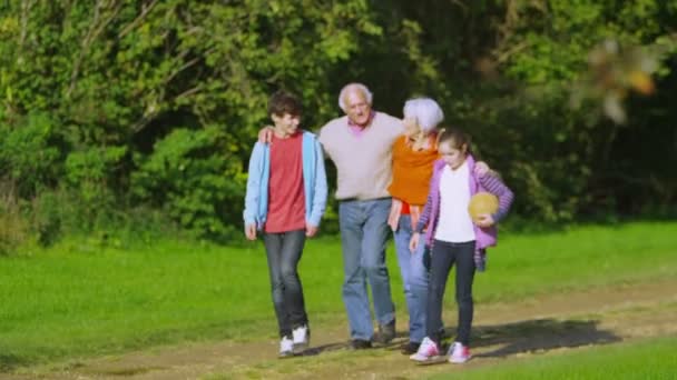 Grootouders lopen met kleinkinderen in platteland — Stockvideo