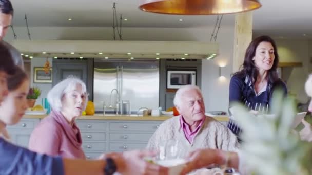 Groep van de familie thuis eten van de lunch — Stockvideo