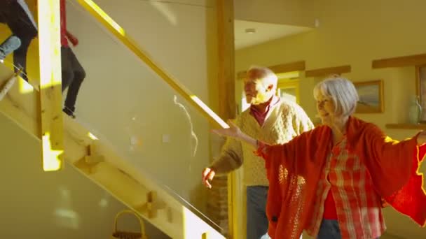 Посещение семьи пожилой парой — стоковое видео