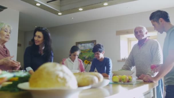 Glückliche Familie bereitet gemeinsam Mahlzeit zu — Stockvideo