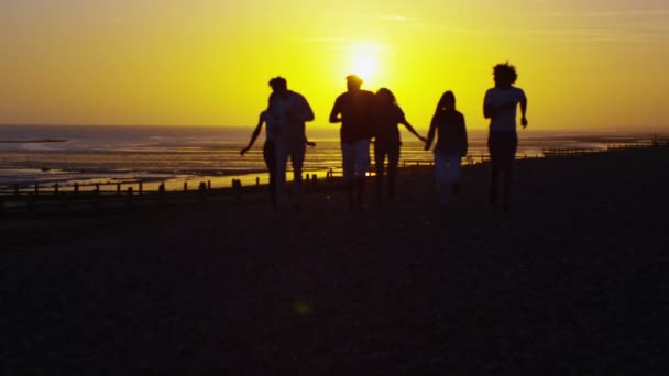 Przyjaciele działa na plaży o zachodzie słońca — Wideo stockowe