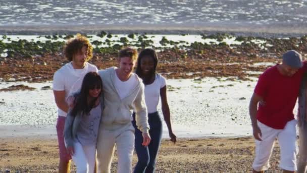 Freunde amüsieren sich am Strand — Stockvideo