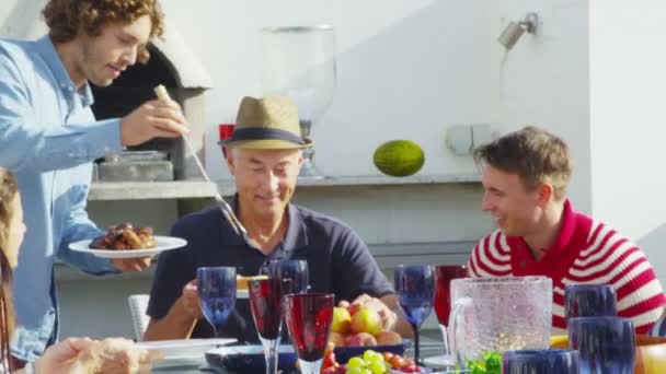 Familie en vrienden genieten van maaltijd buiten — Stockvideo