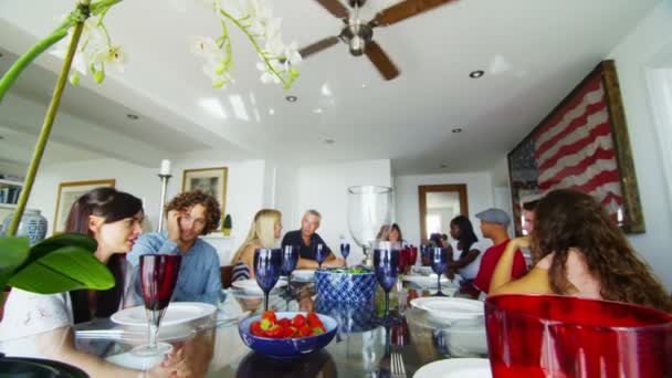 Familie en vrienden praten aan diner tafel — Stockvideo