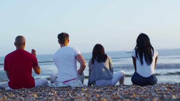 Freunde sitzen am Strand und werfen mit Steinen — Stockvideo