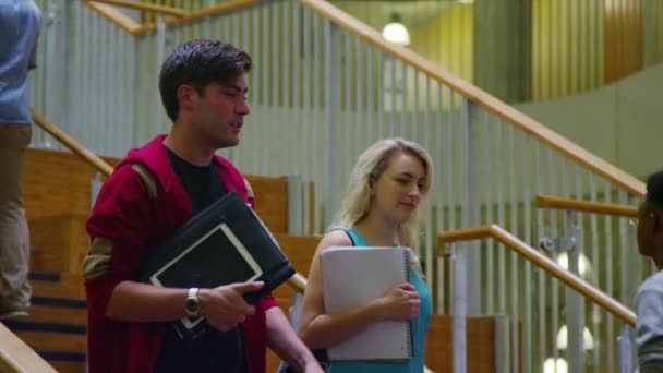 Студенты по лестнице в университете — стоковое видео