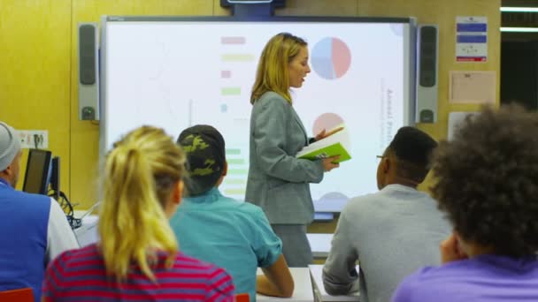 Läraren förklarar med studenter — Stockvideo