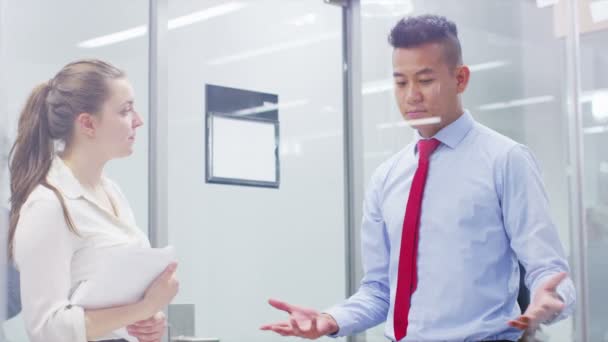 Businessman and woman in discussion in office — Stock Video