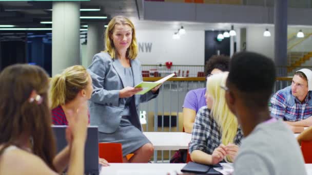 Teacher helping students with studies — Stock Video