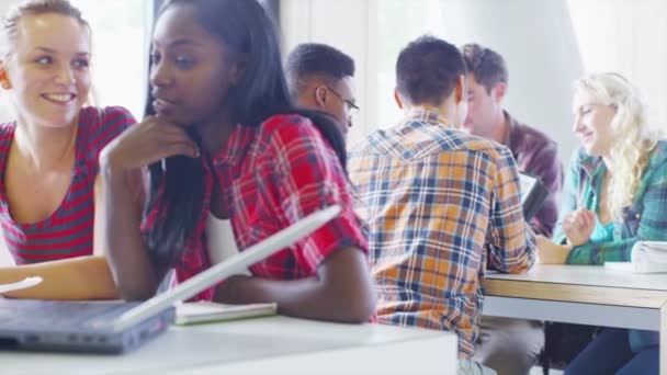 Student groep in café gebied — Stockvideo