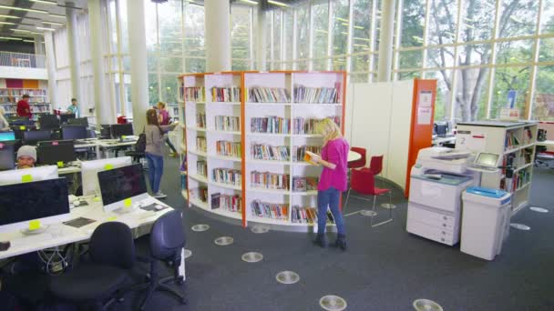 Student grupp arbetar i biblioteket — Stockvideo