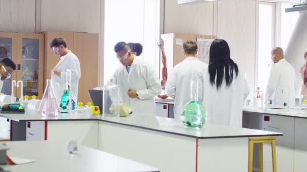 Estudiantes trabajando juntos en clase de ciencias — Vídeo de stock