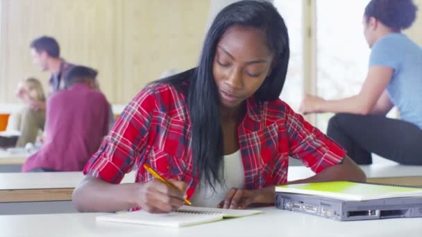 Studentka sama pracuje v kavárně — Stock video