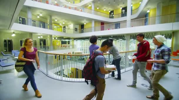 Student groep lopen door Universiteit — Stockvideo