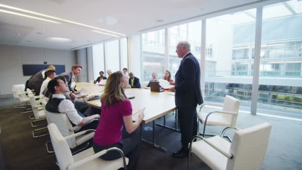 Diverse business team in boardroom meeting in a large modern office building — Stock Video