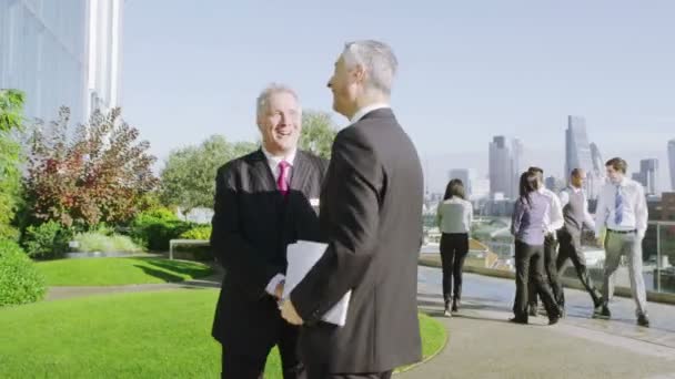 Two businessmen meet and shake hands — Stock Video
