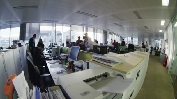 Ocupados trabajadores de oficinas de la ciudad trabajando juntos en grandes oficinas modernas — Vídeo de stock