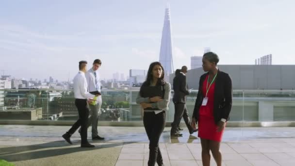 Business colleagues chat on office roof terrace — Stock Video