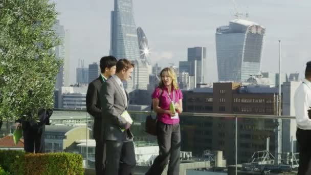 Business colleagues chat on office roof terrace — Stock Video