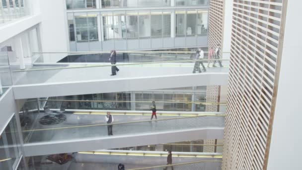 Mensen uit het bedrijfsleven wandelen langs verschillende verdiepingen — Stockvideo