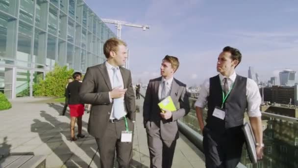 Business colleagues chat together office roof terrace — Stock Video