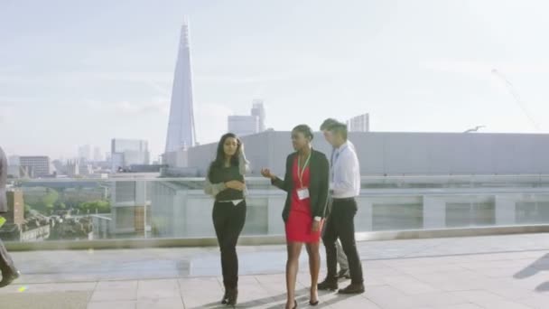 Ділові колеги спілкуються на терасі офісного даху — стокове відео
