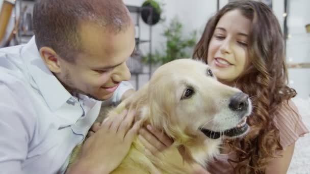 Пара релаксации дома и обниматься с домашней собакой — стоковое видео