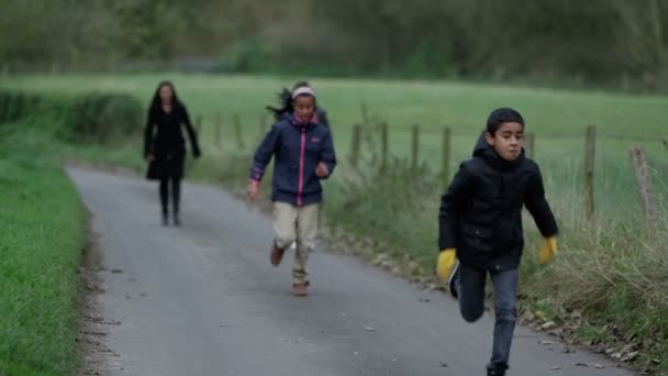 Gelukkige familie van vier wandelen en lopen via een lokale groene ruimte — Stockvideo