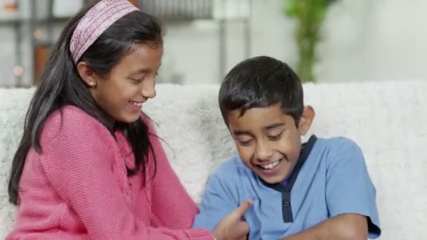 Une jeune fille chatouille son frère et ils rient tous les deux — Video