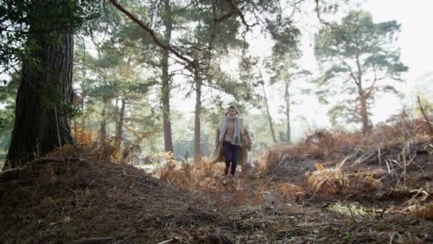 Pareja están corriendo a través de bosques con mascota — Vídeos de Stock