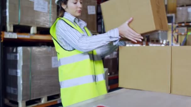 Рабочие кладут простые коричневые коробки на поддон. — стоковое видео