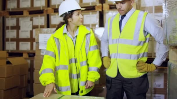 Dos trabajadores industriales discutiendo — Vídeo de stock