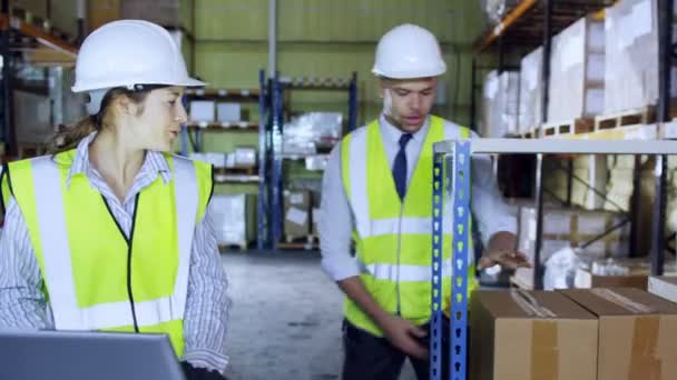 Twee magazijnmedewerkers bespreken voorraad — Stockvideo