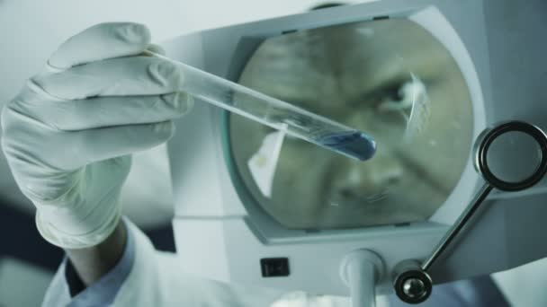 Pesquisador científico do sexo masculino analisando amostras em laboratório — Vídeo de Stock