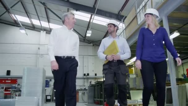 Equipe feliz de engenheiros ou trabalhadores industriais caminham e conversam juntos — Vídeo de Stock