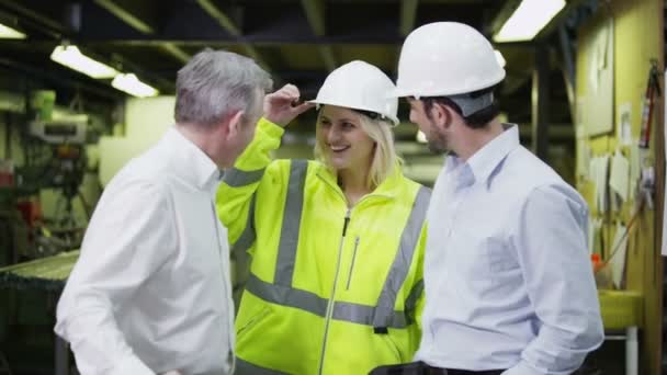 Portrait of attractive warehouse management staff of mixed ages — Stock Video