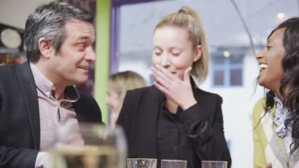 Happy group of friends or business colleagues chat together in a small cafe — Stock Video