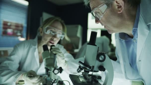 Científicos masculinos y femeninos trabajando en laboratorio — Vídeos de Stock