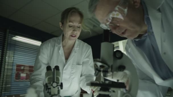 Mannelijke en vrouwelijke onderzoek deskundigen in laboratorium — Stockvideo