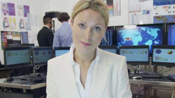 Beautiful businesswoman working at her desk from the pov of the computer screen — Stock Video