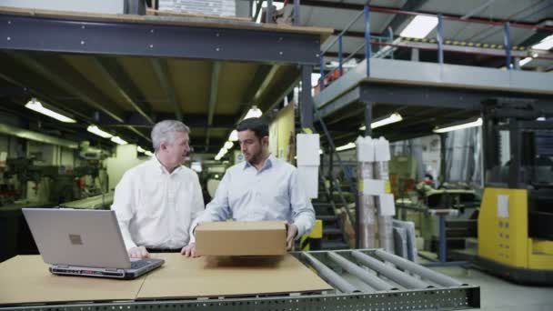 Los trabajadores en un almacén con un ordenador portátil están preparando las mercancías para la entrega — Vídeo de stock