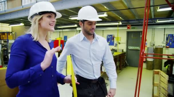 Cheerful warehouse workers chat together as they go about their work — Stock Video