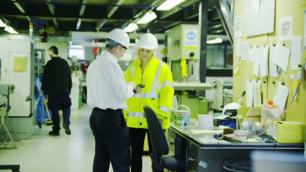 Les employés des entrepôts portant des casquettes et des vêtements réfléchissants regardent un téléphone intelligent et discutent de la logistique de leur entreprise. — Video