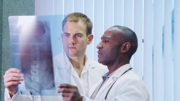 Два врача смотрят на медицинский рентген — стоковое видео