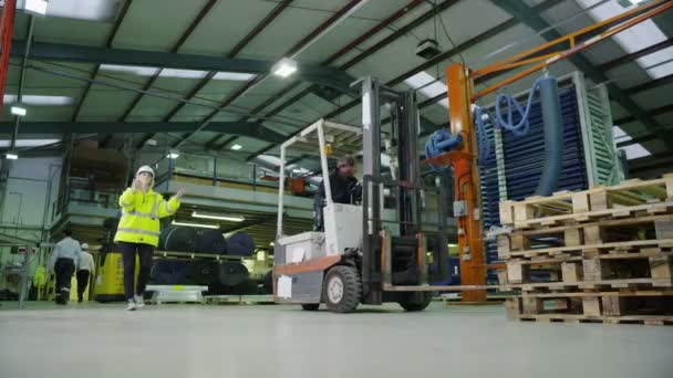 Equipe de trabalhadores de armazém ocupados levantando e movendo paletes vazias e caixas — Vídeo de Stock