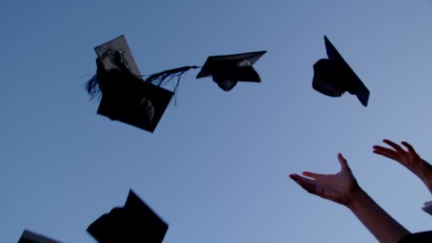 Afstuderen caps zijn gooide in lucht — Stockvideo