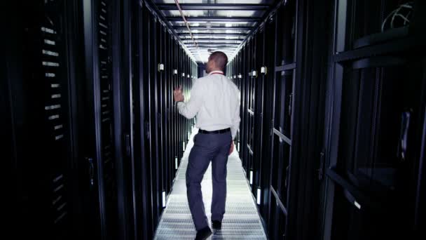 Het ingenieurs werken in een datacenter — Stockvideo